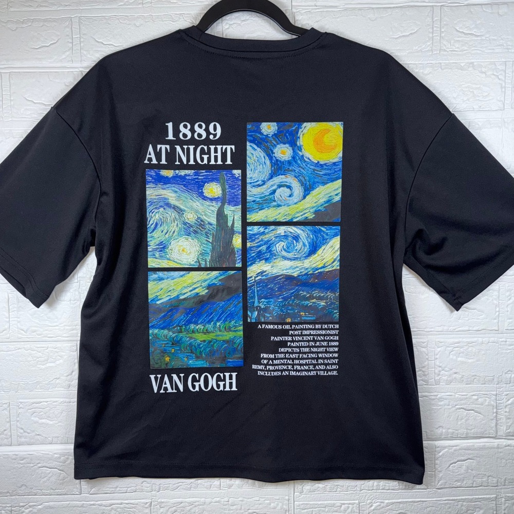 Graphic Tee Women Medium Black Van Gogh Starry Night Art T-Shirt EclecticCore